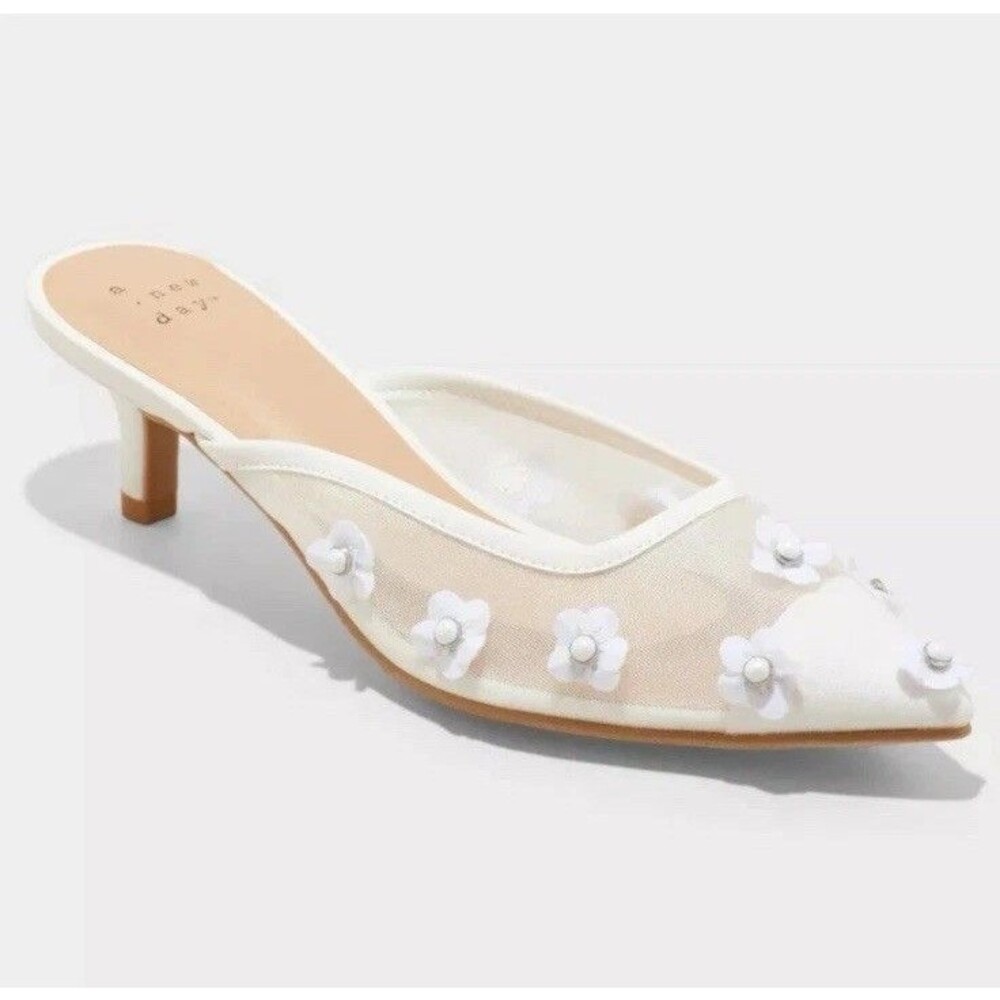 A New Day Delilah Mule Womens US 6 White Mesh Floral Memory Foam Kitten Heel - Picture 3 of 10